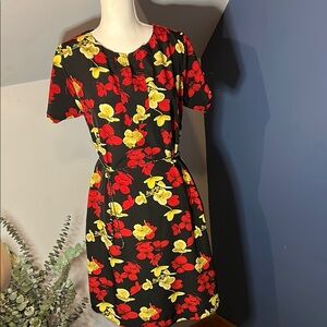 Floral Black Dress with Red and Yellow Accents